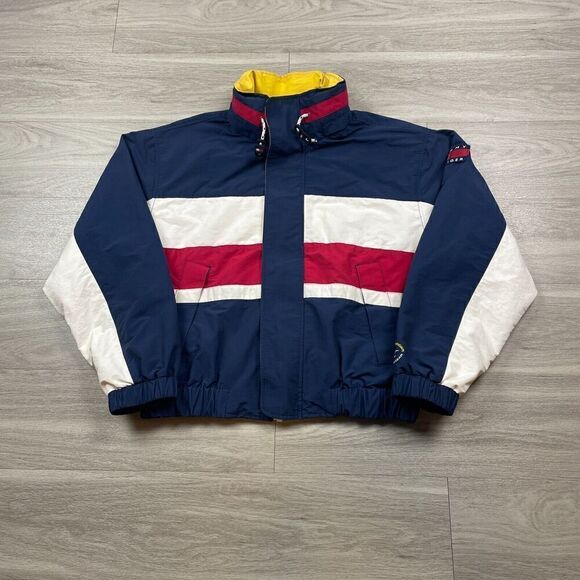 Vintage Tommy Hilfiger Jacket Mens Large Blue Sailing Gear 90s Flag Zip Hip Hop - Picture 1 of 16